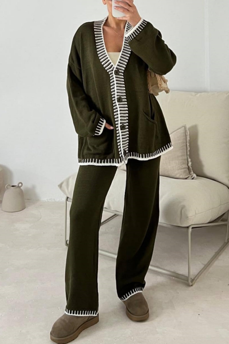 Jade | Casual Patchwork Button Up V Neck Long Sleeve Two Piece Set