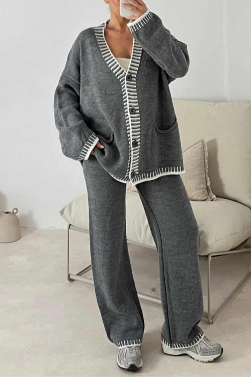 Jade | Casual Patchwork Button Up V Neck Long Sleeve Two Piece Set