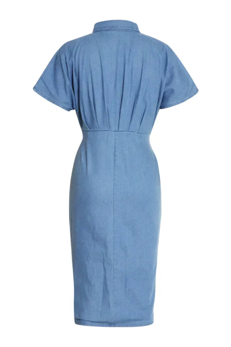 Flor® | Ruched Denim Midi Shirt Dress With Knot Detail