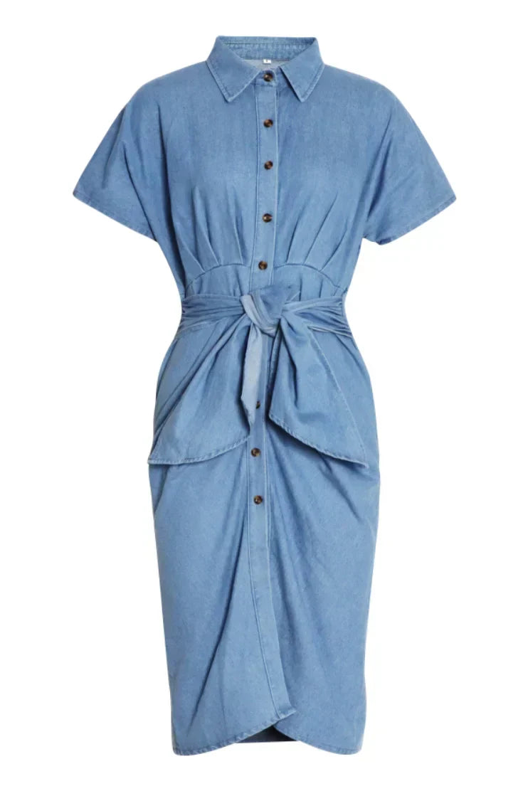 Flor® | Ruched Denim Midi Shirt Dress With Knot Detail