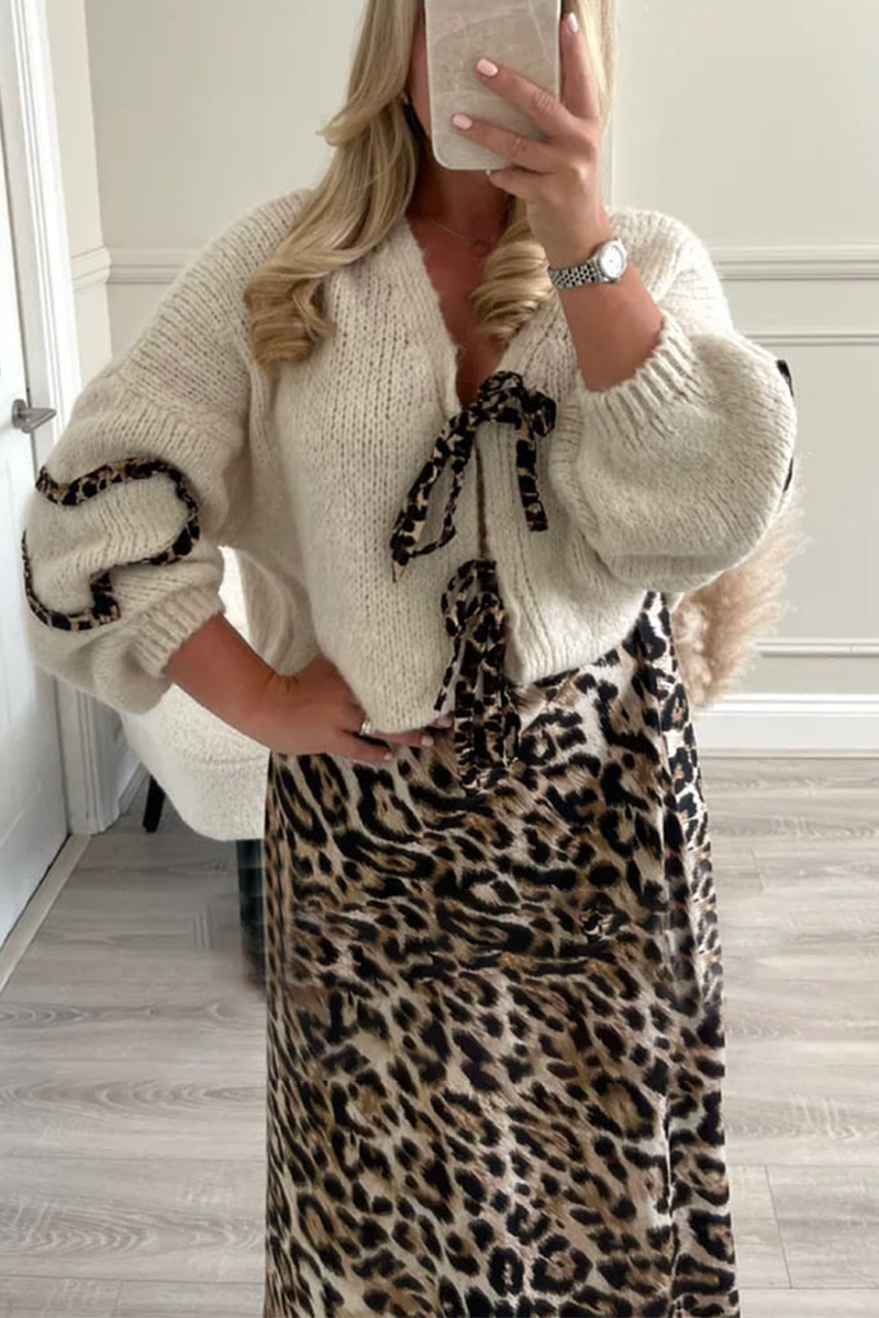 Janine | Casual leopard print patchwork weave outerwear with V-neck