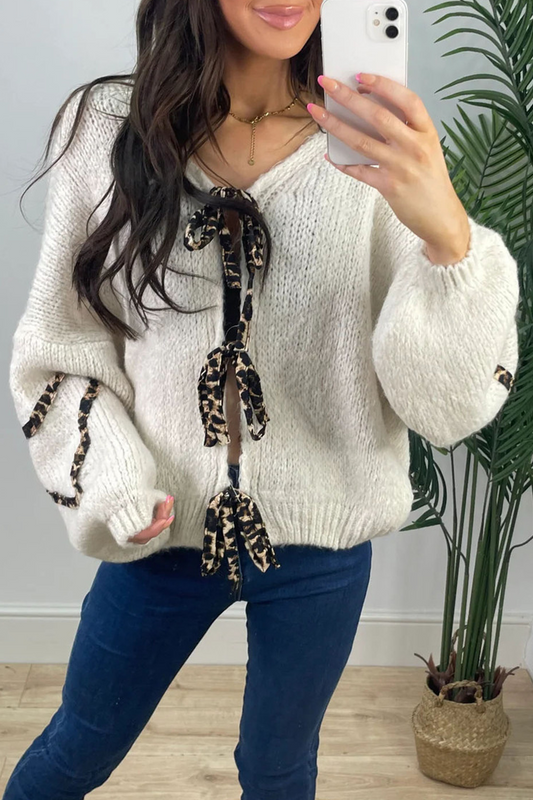 Janine | Casual leopard print patchwork weave outerwear with V-neck