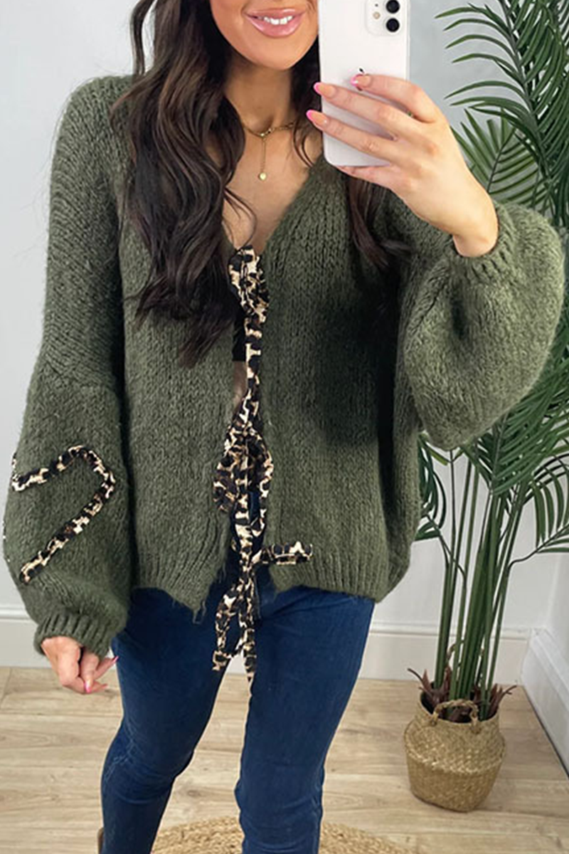 Janine | Casual leopard print patchwork weave outerwear with V-neck