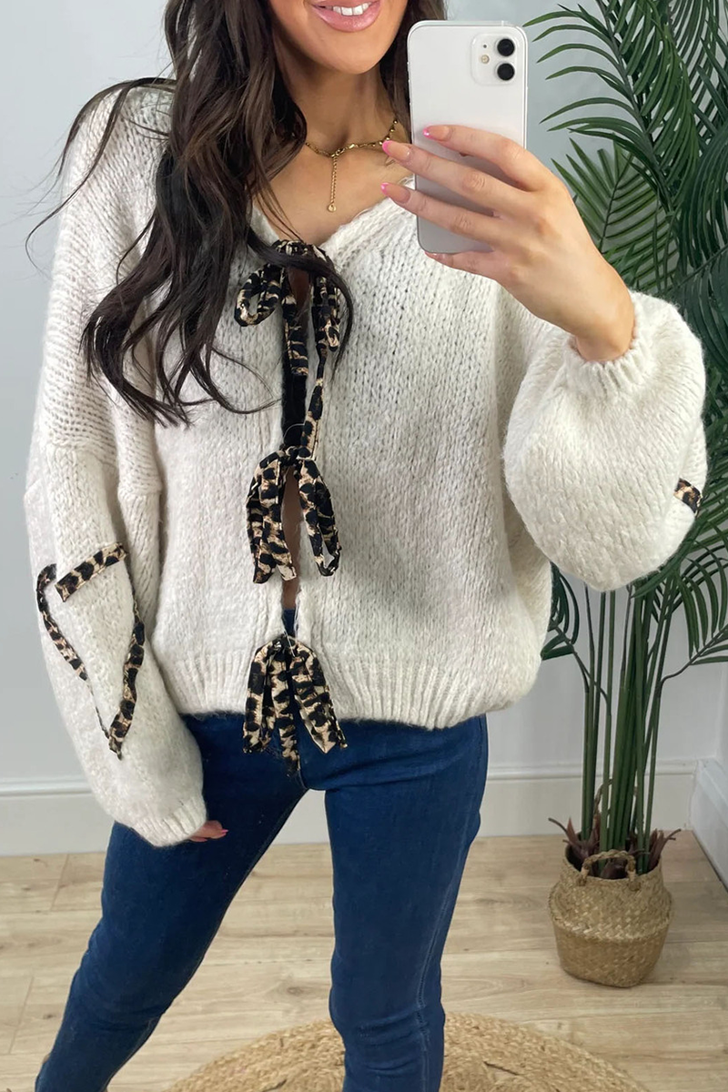 Janine | Casual leopard print patchwork weave outerwear with V-neck