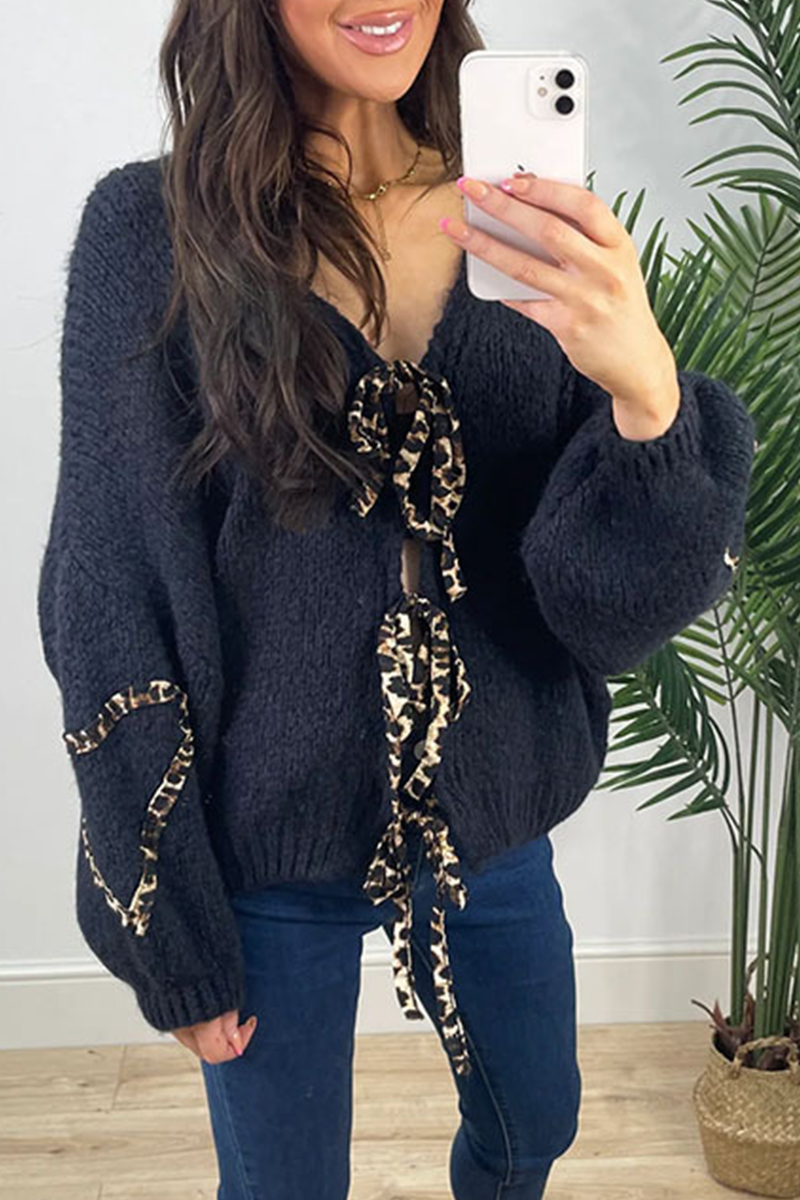 Janine | Casual leopard print patchwork weave outerwear with V-neck