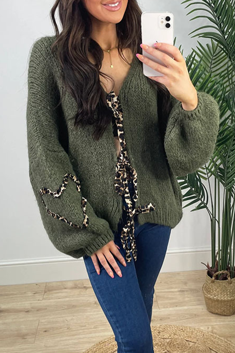 Janine | Casual leopard print patchwork weave outerwear with V-neck