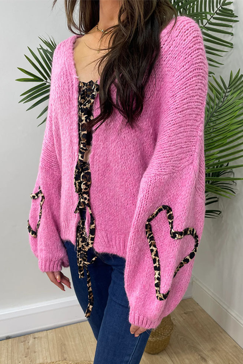 Janine | Casual leopard print patchwork weave outerwear with V-neck