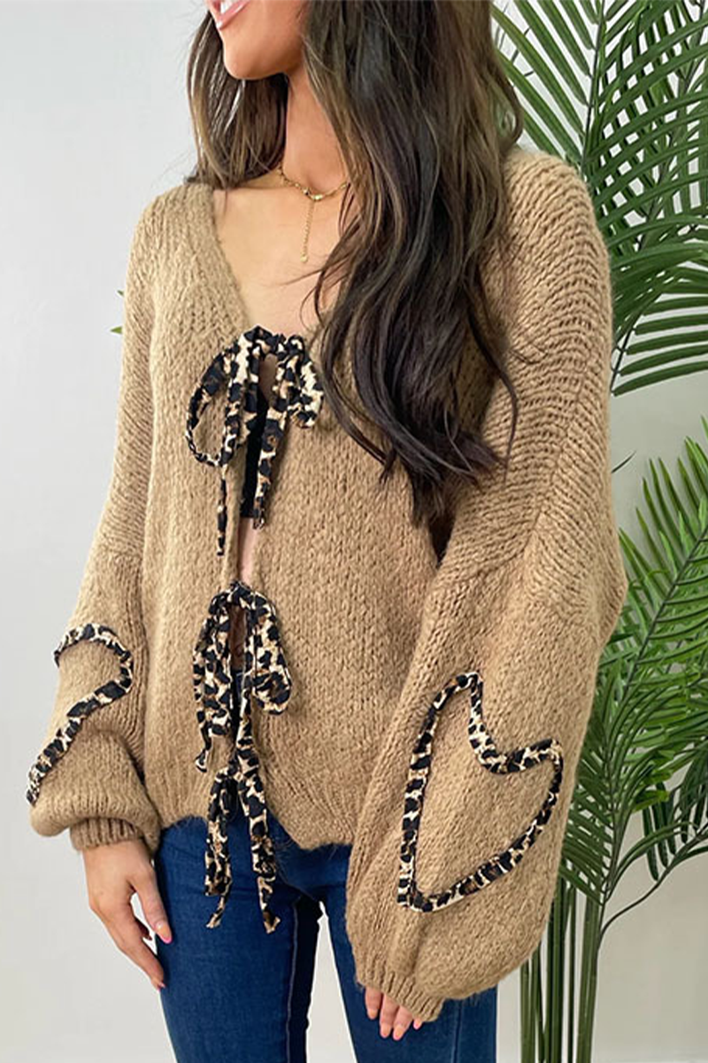Janine | Casual leopard print patchwork weave outerwear with V-neck