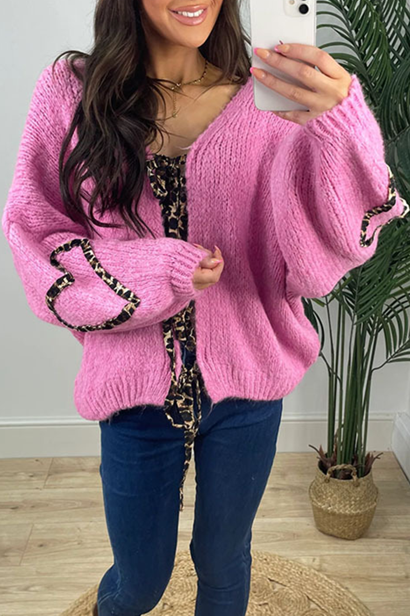 Janine | Casual leopard print patchwork weave outerwear with V-neck