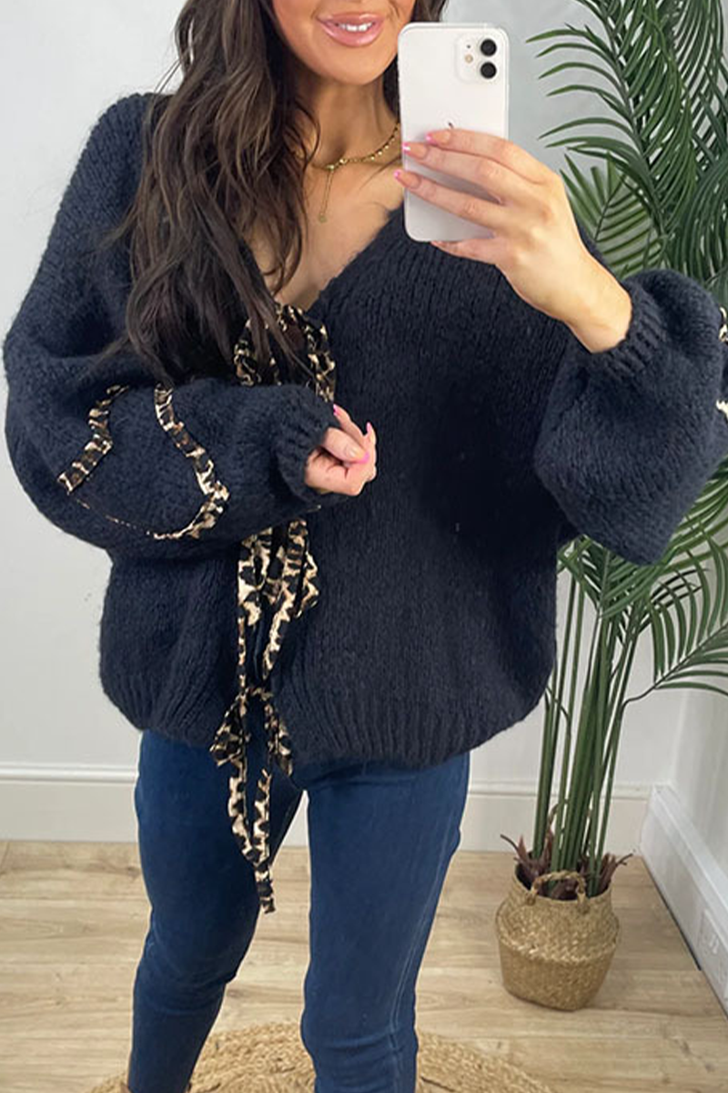 Janine | Casual leopard print patchwork weave outerwear with V-neck