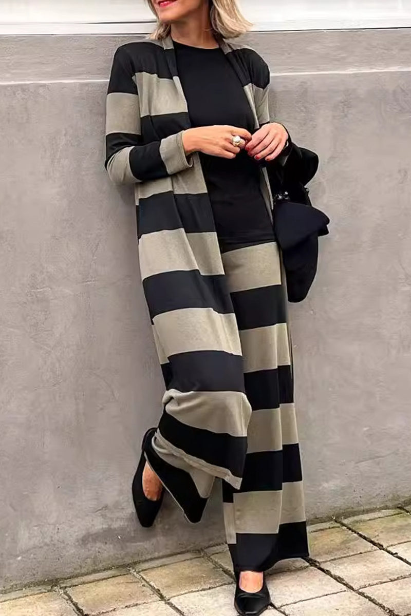 Jeannette | Casual street stripe patchwork contrast cardigan collar long sleeve two piece