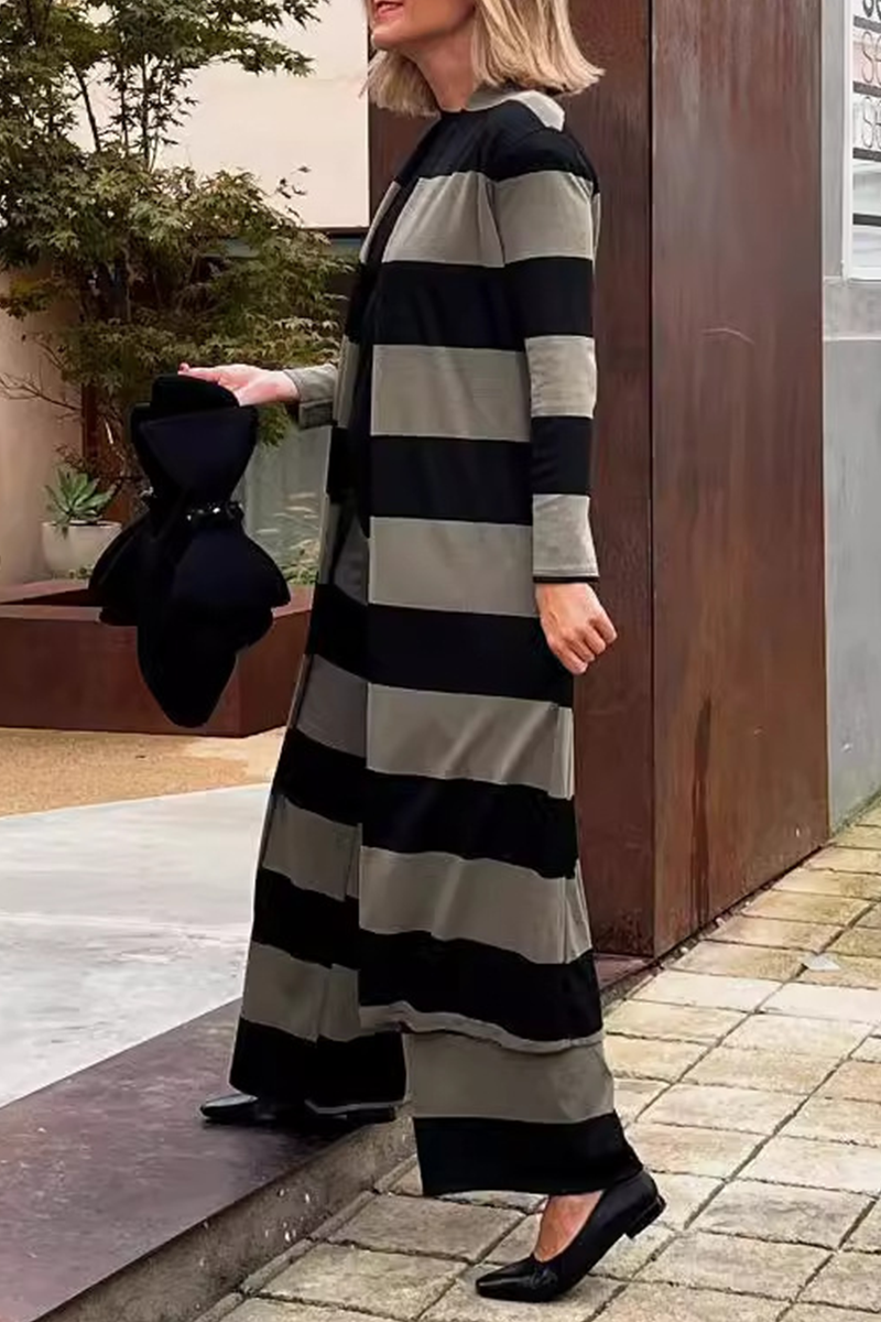 Jeannette | Casual street stripe patchwork contrast cardigan collar long sleeve two piece