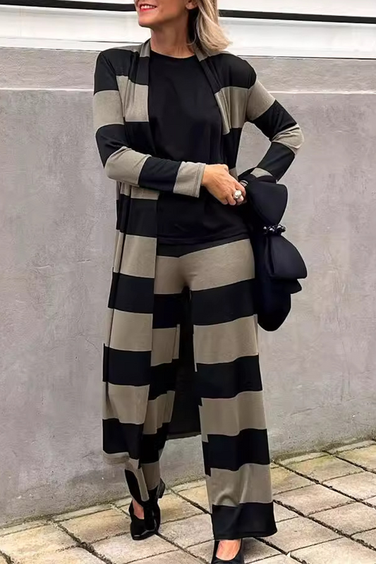 Jeannette | Casual street stripe patchwork contrast cardigan collar long sleeve two piece