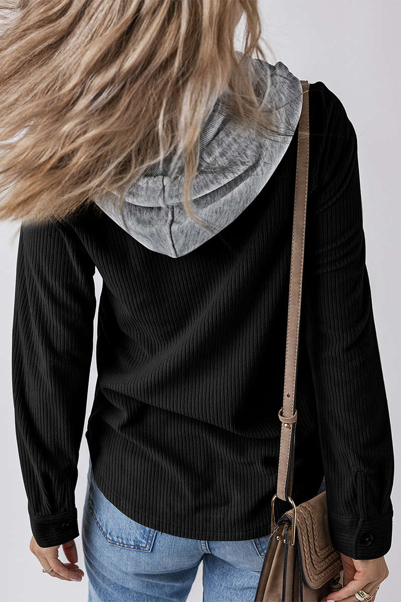 Jasmijn | Casual daily contrast patchwork hooded tops with drawstring and buttons