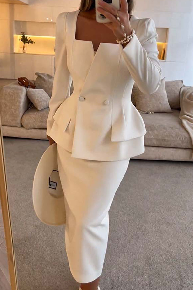 Jessica | Elegant buttons, ruffles, square neckline, long sleeves, two piece