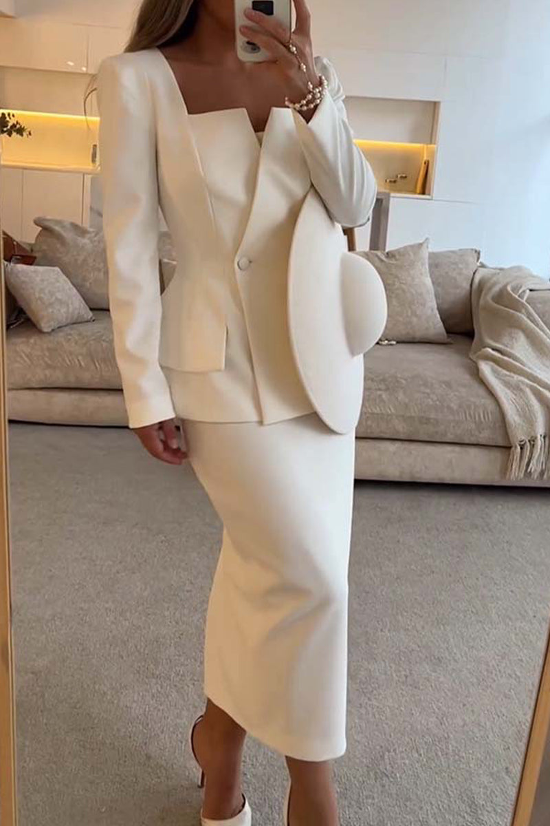 Jessica | Elegant buttons, ruffles, square neckline, long sleeves, two piece