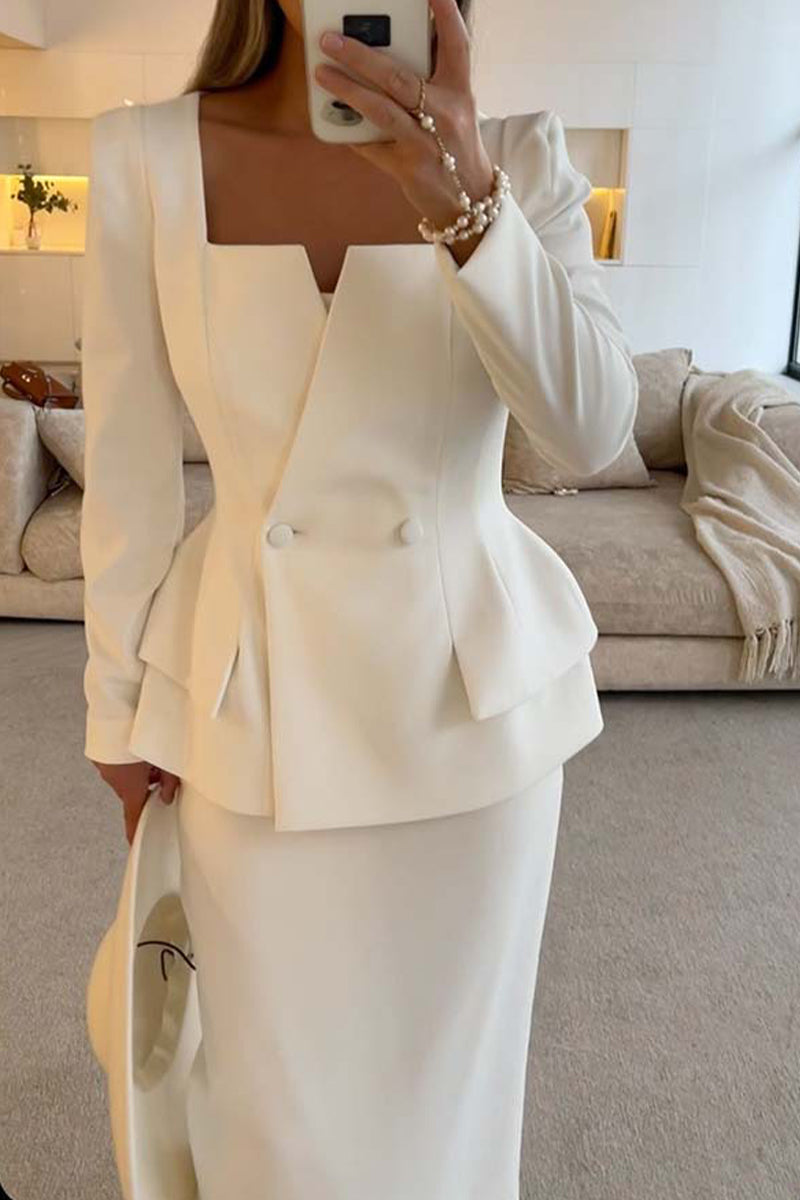 Jessica | Elegant buttons, ruffles, square neckline, long sleeves, two piece