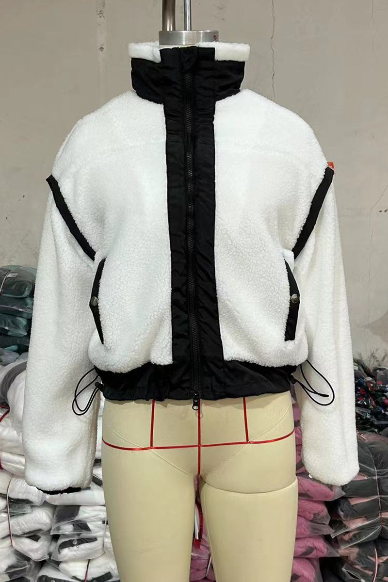 Jesusa | Casual patchwork outerwear with zip fastening and contrast stand-up collar