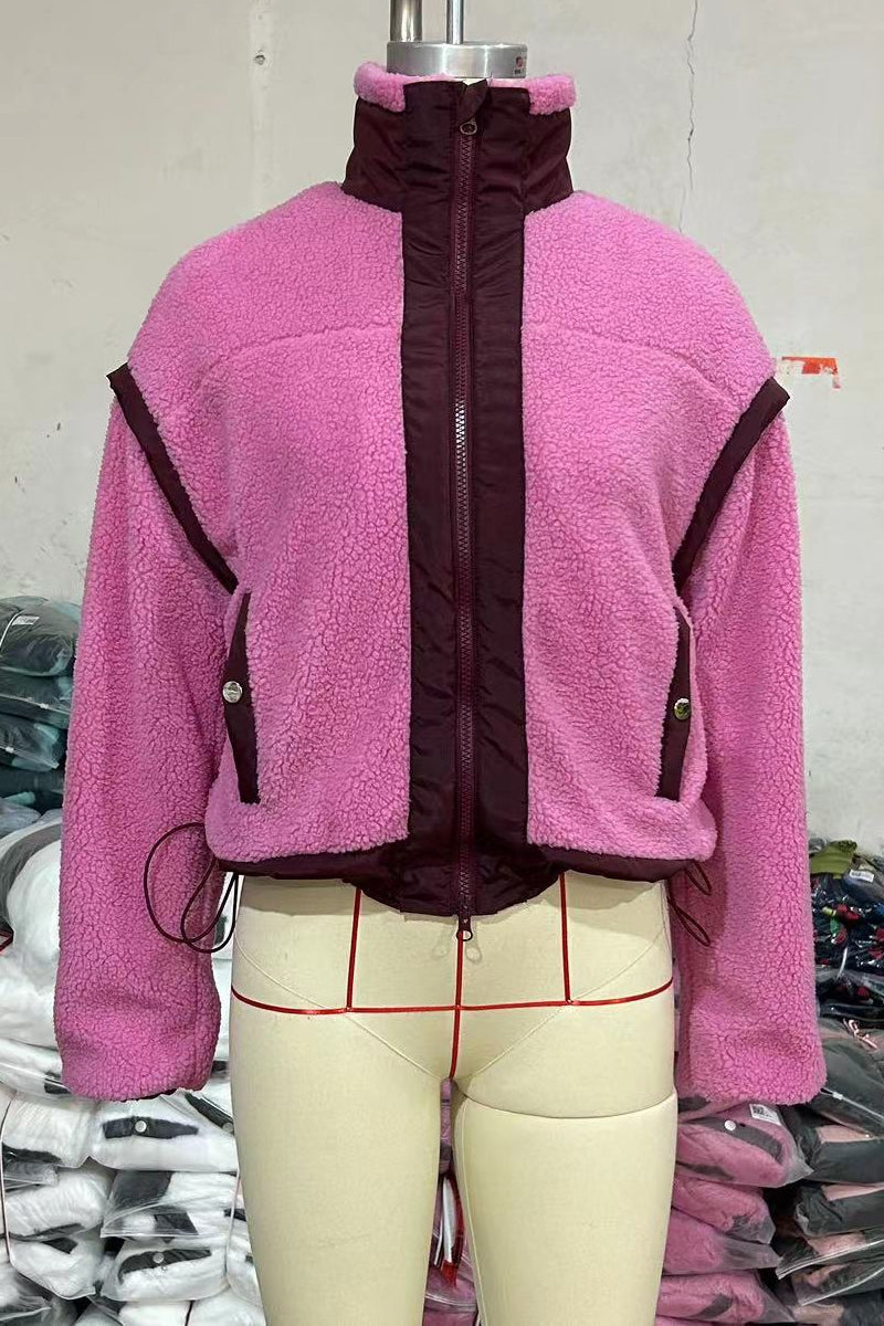 Jesusa | Casual patchwork outerwear with zip fastening and contrast stand-up collar