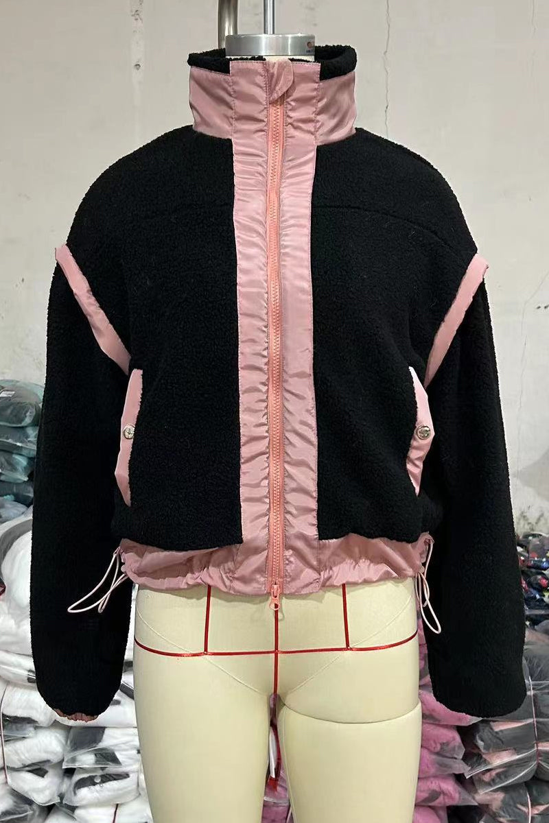 Jesusa | Casual patchwork outerwear with zip fastening and contrast stand-up collar