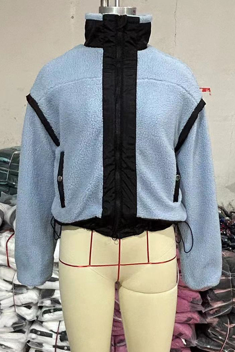 Jesusa | Casual patchwork outerwear with zip fastening and contrast stand-up collar