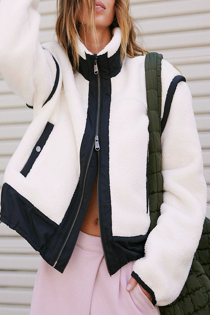 Jesusa | Casual patchwork outerwear with zip fastening and contrast stand-up collar