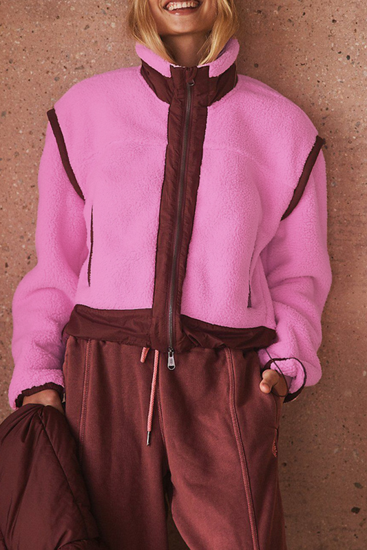 Jesusa | Casual patchwork outerwear with zip fastening and contrast stand-up collar