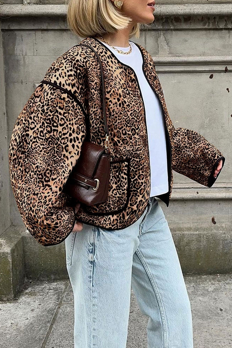 Joana | Casual street outerwear with leopard pocket patchwork and O-neck