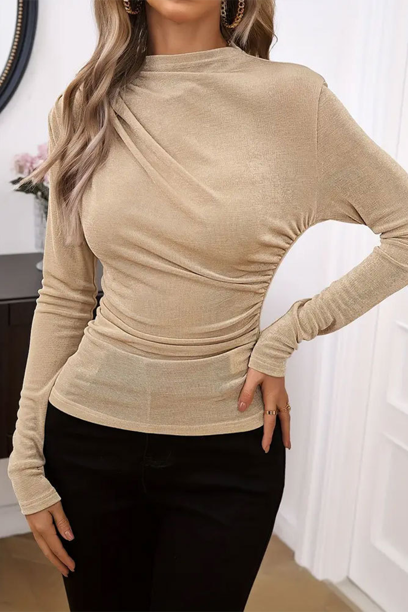 Josefa | Casual solid color ruched tops with stand-up collar