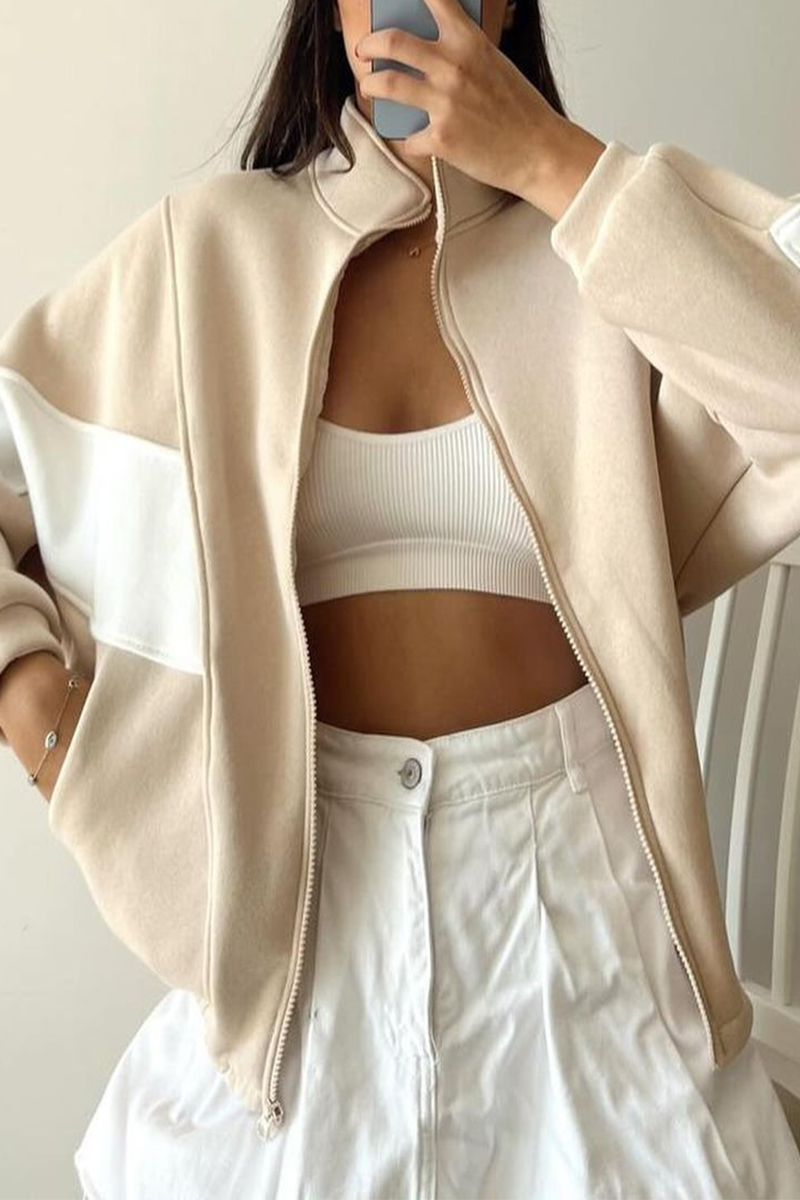 Juana | Casual street outerwear with color block patchwork zipper and contrast stand-up collar