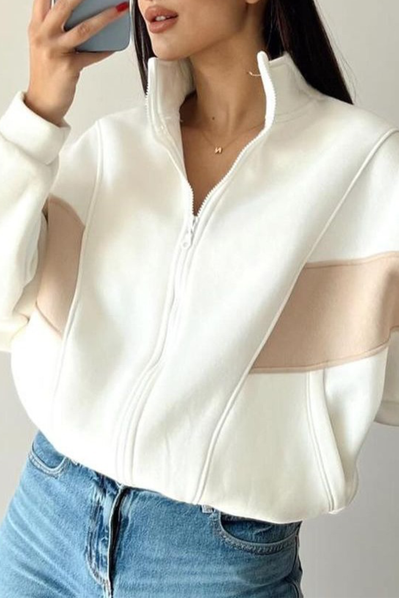 Juana | Casual street outerwear with color block patchwork zipper and contrast stand-up collar