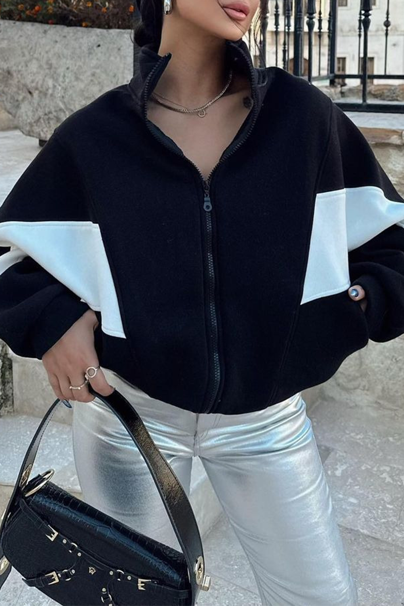 Juana | Casual street outerwear with color block patchwork zipper and contrast stand-up collar
