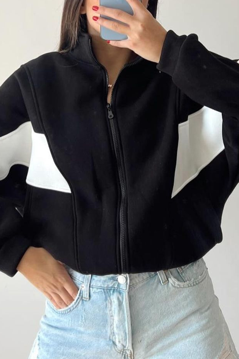 Juana | Casual street outerwear with color block patchwork zipper and contrast stand-up collar
