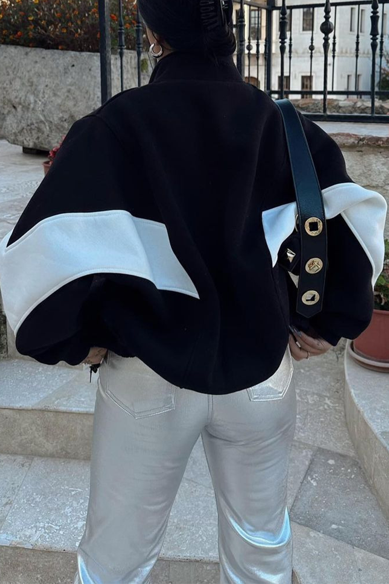 Juana | Casual street outerwear with color block patchwork zipper and contrast stand-up collar