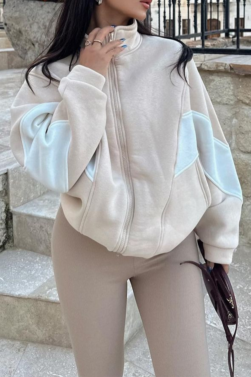 Juana | Casual street outerwear with color block patchwork zipper and contrast stand-up collar
