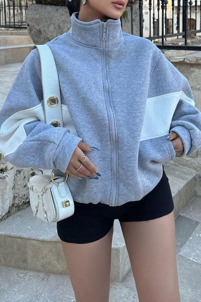 Juana | Casual street outerwear with color block patchwork zipper and contrast stand-up collar