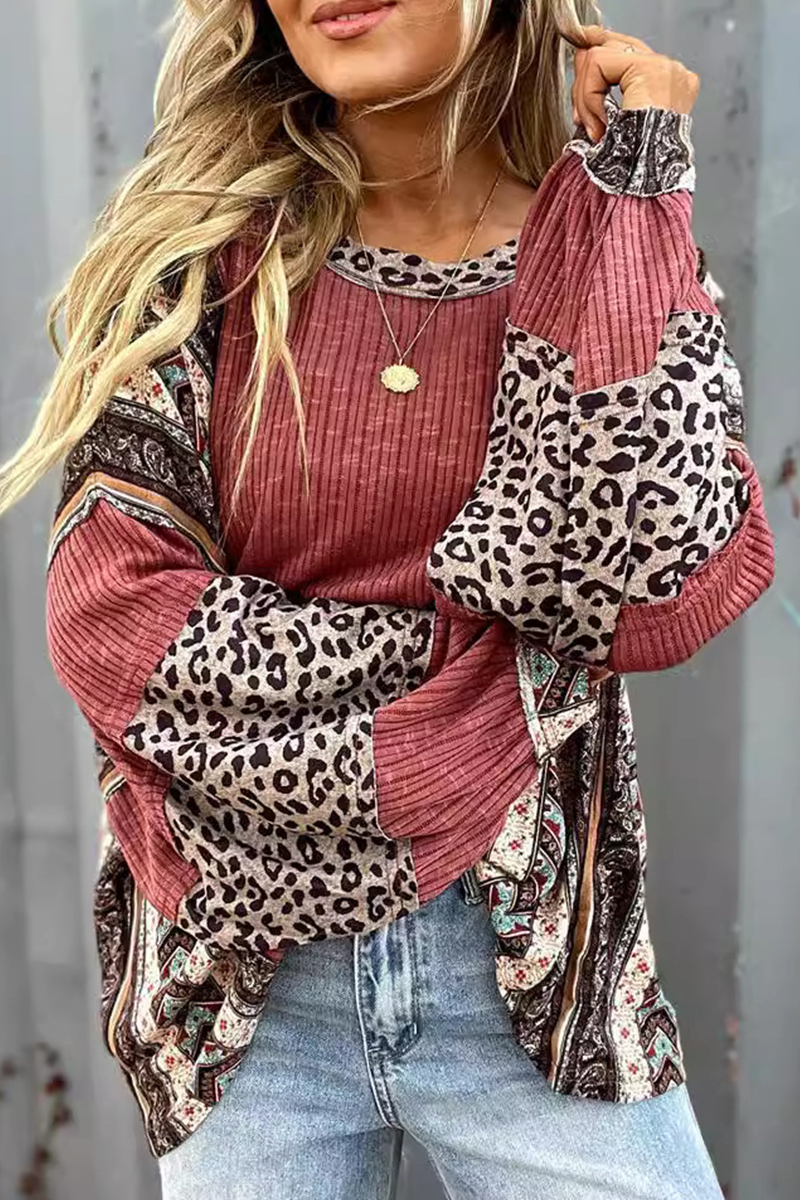 Karolina | Casual O-neck tops with stripes and leopard patchwork contrast