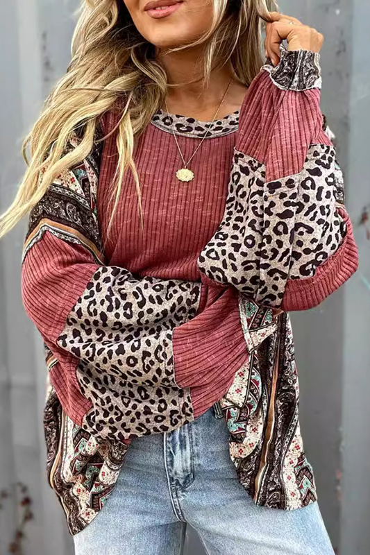Karolina | Casual O-neck tops with stripes and leopard patchwork contrast