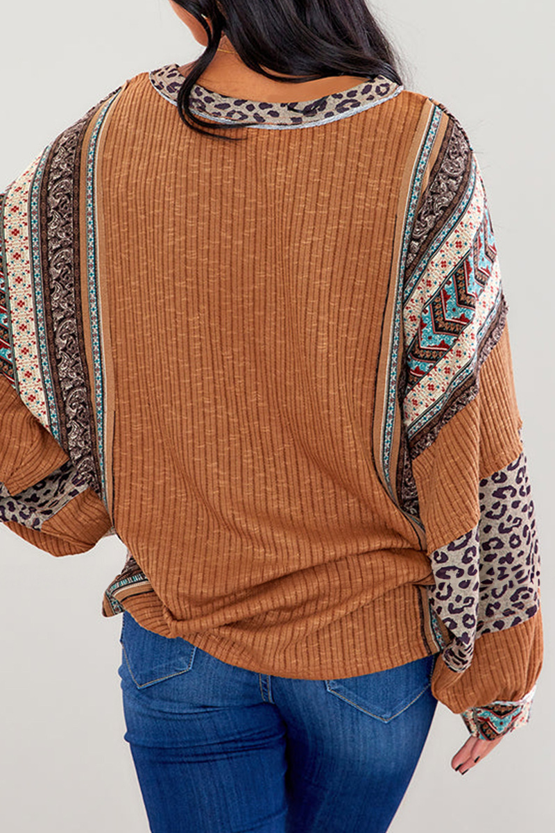 Karolina | Casual O-neck tops with stripes and leopard patchwork contrast