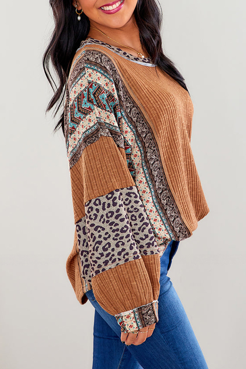 Karolina | Casual O-neck tops with stripes and leopard patchwork contrast