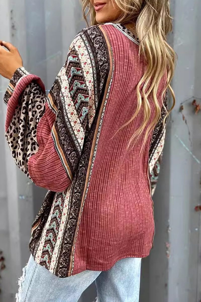 Karolina | Casual O-neck tops with stripes and leopard patchwork contrast
