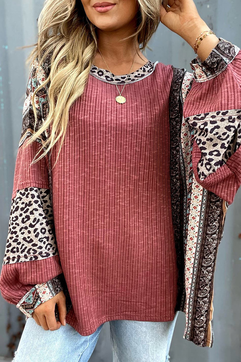 Karolina | Casual O-neck tops with stripes and leopard patchwork contrast