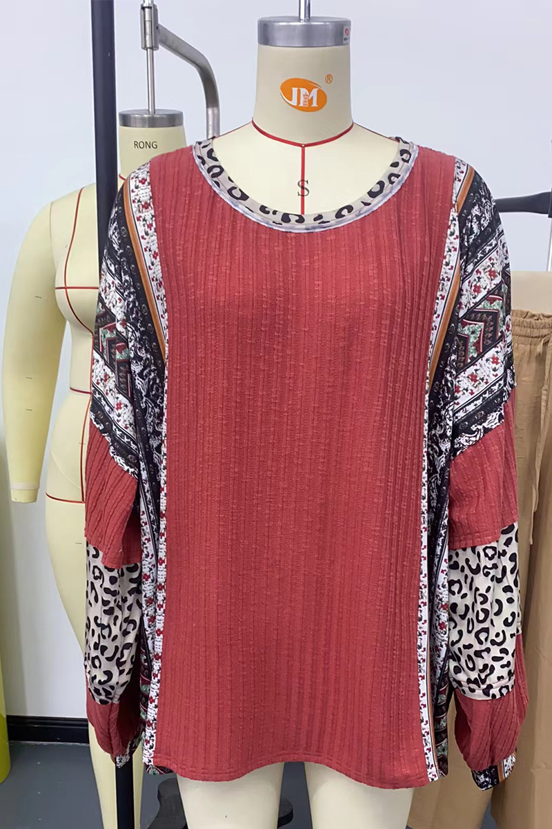 Karolina | Casual O-neck tops with stripes and leopard patchwork contrast