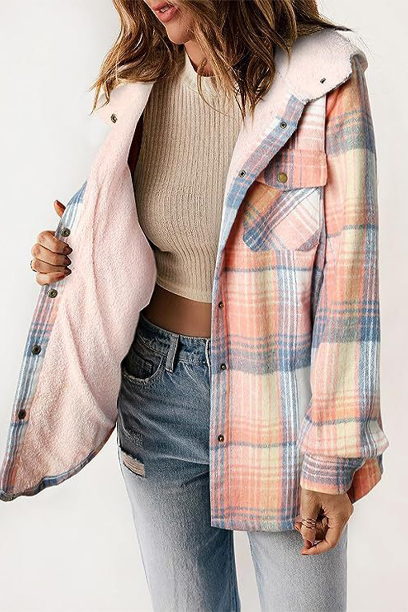 Katell | Casual fluffy contrast hooded outerwear with check pockets