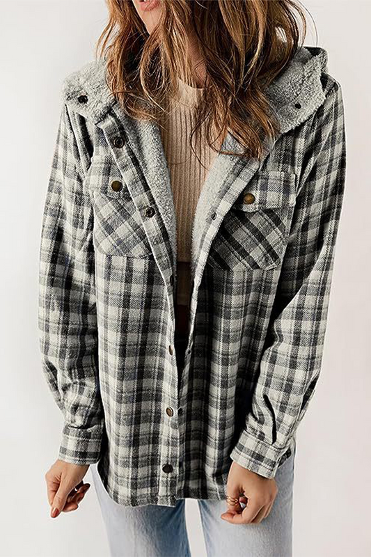 Katell | Casual fluffy contrast hooded outerwear with check pockets