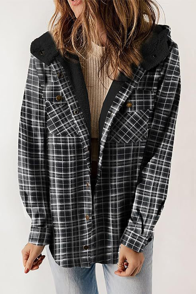 Katell | Casual fluffy contrast hooded outerwear with check pockets
