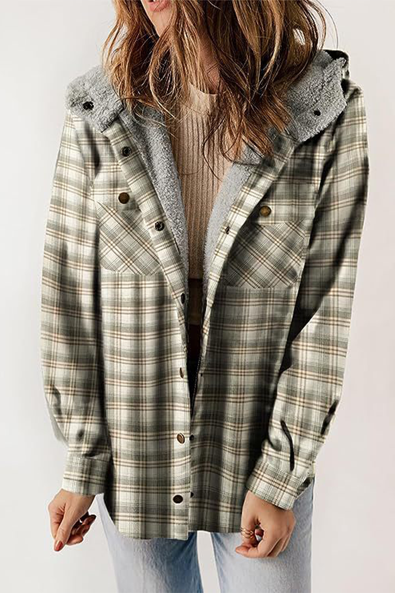 Katell | Casual fluffy contrast hooded outerwear with check pockets