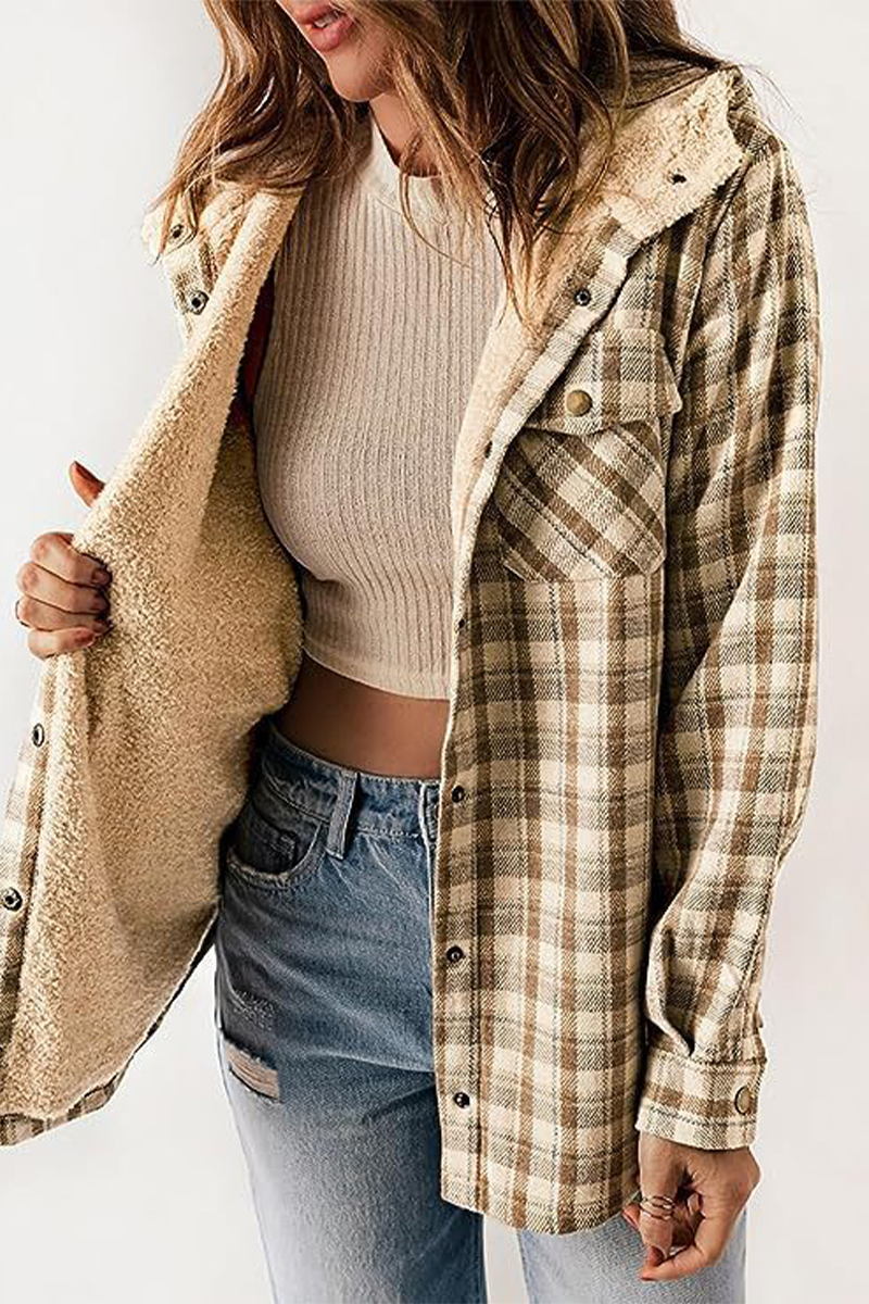 Katell | Casual fluffy contrast hooded outerwear with check pockets