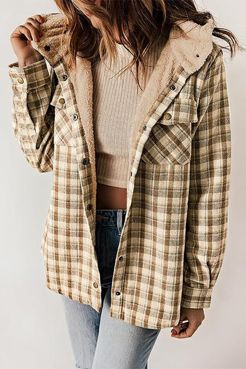 Katell | Casual fluffy contrast hooded outerwear with check pockets