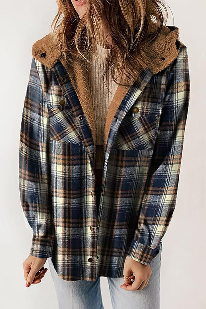 Katell | Casual fluffy contrast hooded outerwear with check pockets